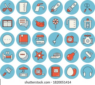 Thin line blue tinted icon set - tape measure flat vector, paint roller, faucet, meashuring cup, scissors, egg, chicken, lollipop, well, main pipeline, rocket, chat, hospital bed, spark, textbook