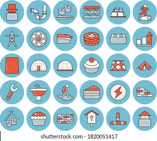 Thin line blue tinted icon set - brick wall flat vector, sink, pipes, flooring, cutting board, cupcake, piece of cake, fish rolls, pancakes, nesting box, greenhouse, ventilation, power line support