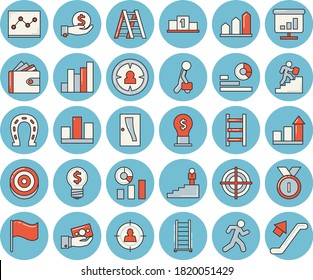 Thin line blue tinted icon set - ladder flat vector, Entrance door, horseshoe, target audience, chart, investments, purse, idea, statistics, flag, statistic, point diagram, businessman, career, run