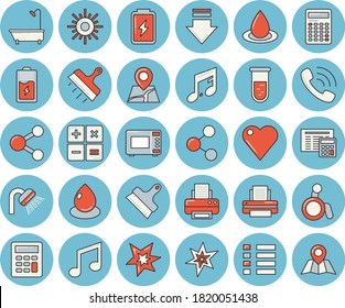 Juego de íconos de color azul claro - ducha vector plano, calculadora, cuchillo insignificante, microondas, sol, batería, caída, llamada telefónica, análisis de sangre, corazón, impresora, chispa, desactivado, compartir, menú, descargar, nota