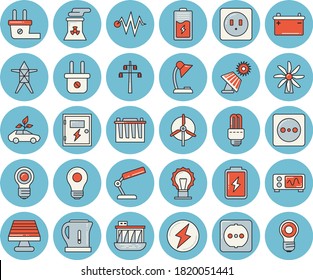 Thin line blue tinted icon set - sockets flat vector, switch box, electric kettle, battery, solar, windmill, accumulator, socket, plug, power line support, hydroelectric station, eco cars, bulb