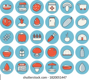 Thin line blue tinted icon set - flour flat vector, ear, lemon, mushroom, salad, porridge, coffee beans, onion, cucumber, blackberry, orange, seeds, well, carrot, grain warehouse, planting plants