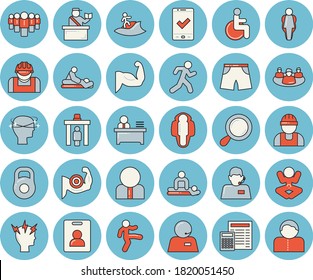 Thin line blue tinted icon set - builder flat vector, calculator, construction worker, person, team, telephone operator, disabled, massage, headache, teamwork, phone, office, weight, muscles, yoga