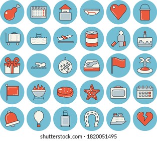 Thin line blue tinted icon set - hiking pot flat vector, barbecue, canned food, cake, chicken, cutlet, horseshoe, pool, flag, calendar, present, heart, swimming, balloon, luggage, suitcase, hand