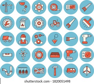 Dünnlinenblaue, getönte Ikonenset - Kranflachvektor, Bauer, Ziegelwand, Zahnrad, Bohrschraubendreher, Säge, Bandmaß, Rohre, Niveaumesser, Reparatur, Puttmesser, Baustempel, Hammer