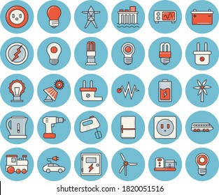 Juego de iconos de color azul claro - destornillador de taladro vector plano, enchufes, lámpara de ahorro de energía, caja de interruptores, hervidor eléctrico, mezclador, frigorífico, procesador de alimentos, molino de viento, batería, solar, acumulador, zócalo