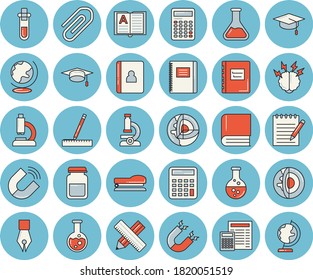 Thin line blue tinted icon set - measure flat vector, calculator, chemistry, magnet, microscope, medical analysis, clip, ink pen, book, stapler, flask, notepad, bachelor cap, textbook, brainstorm