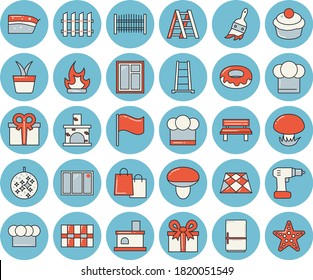 Thin line blue tinted icon set - window flat vector, drill screwdriver, ladder, tile, fence, flooring, cook hat, fridge, cupcake, piece of cake, donut, mushroom, home plant, paint brush, bonfire