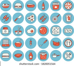 Thin line blue tinted icon set - saute flat vector, teflon, ladle, knives, toaster, double boiler, table setting, ketchup, cheese, hamburger, pizza, salad, porridge, chicken, chop, shashlik, cutlet