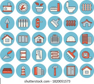 Juego de íconos de tintado azul de línea delgada - vector de ventana plana, paleta, medida de cinta, inodoro, puerta de entrada, cerradura, rascacielos, reparación, navaja, ladrillo, piso caliente, pilas de calefacción, martillo, planta de hogar