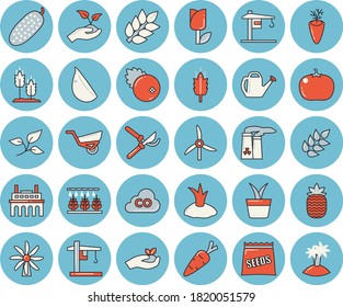 Thin line blue tinted icon set - crane flat vector, ear, carrot, garlic, tomato, cucumber, cranberry, pineapple, seeds, home plant, sprinkling machine, secateurs, seedlings, watering can, tulip