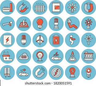 Juego de iconos de color azul claro - lámpara de ahorro de energía vector plano, caja de cambios, piso caliente, caldera, molino de viento, batería, enchufe de enchufe, estación de energía hidroeléctrica, manufactura, coches ecológicos, eléctrico, imán
