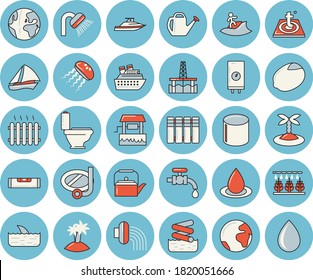 Thin line blue tinted icon set - toilet flat vector, shower, level meter, warm floor, heating batteries, boiler, teapot, lemon, well, sprinkling machine, watering can, hose irrigation, water tap
