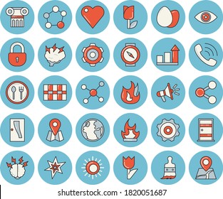 Thin line blue tinted icon set - cogwheel flat vector, Entrance door, tile, fire, table setting, egg, paint brush, tulip, bonfire, earth, location, molecules, phone call, mouthpiece, heart, molecule