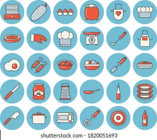 Thin line blue tinted icon set - saucepan flat vector, frying pan, weighing machine, cook hat, apron, potholder, ladle, kitchen spatula, spoon, knives, induction cooker, microwave, double boiler