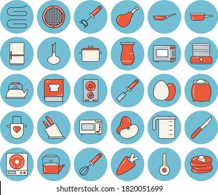 Dünne, blaue, getönte Ikonenset - saucepan-Flachvektor, Bratpfanne, Saute, Waage, Waage, Messbecher, Teekanne, Schürze, Küchenspatel, Whisk, Handtuch, Messer, Induktionskocher, Mikrowelle, Kühlschrank