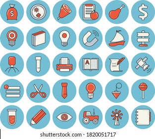 Juego de íconos de tintado azul de línea delgada - plomo de construcción vector plano, tijeras, jamón, langosta, molino de viento, tractor, lámpara, imán, dólar, riqueza, velero, análisis de sangre, virus, pegatina, impresora, corbata, bulbo