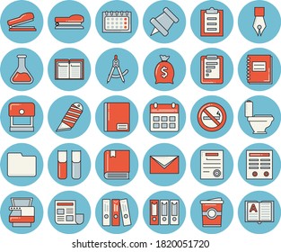 Thin line blue tinted icon set - toilet flat vector, stationery knife, coffe, chemistry, dividers, graphic report, wealth, calendar, clipboard, notebook, document, computer file, ink pen, folder