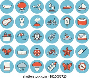 Thin line blue tinted icon set - fridge flat vector, ear, canned food, mushroom, nesting box, ladybird, sun, butterflies, rain, pond, pool, tree leaf, bicycle, swimsuit, sailboat, luggage, sea beach
