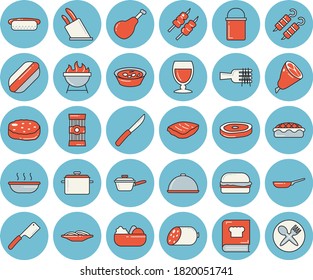 Thin line blue tinted icon set - saucepan flat vector, frying pan, hiking pot, saute, knives, cookbook, barbecue, dish, spaghetti, ham, sausage, on a fork, hamburger, hot dog, salad, soup, pie, chop