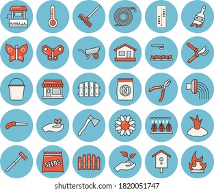 Thin line blue tinted icon set - wheelbarrow flat vector, ax, seeds, thermometer, fertilizer vectory, well, nesting box, flower, grain warehouse, sprinkling machine, hose, fence, knife, secateurs