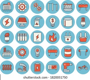 Juego de íconos de color azul delgado - vector plano de rueda cognitiva, destornillador de perforación, caja de interruptores, baterías de calefacción, incendio, batería, solar, fábrica, tanques de aceite, enchufe de enchufe, central de energía hidroeléctrica, planta