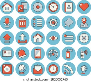 Thin line blue tinted icon set - house flat vector, phone call, bell, menu, broadcast, upload, translate, drawing pin, steering wheel, fire extinguisher, trash can, message, microphone, mobile, eye