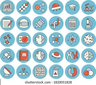 Juego de íconos de tintado azul de línea delgada - vector plano de la tierra, antena satelital, moléculas, ADN, cromosomas, microscopio, bloc de notas, luna, satélite, computadora, planta de energía nuclear, chispa, gorra de soltero, libro de texto
