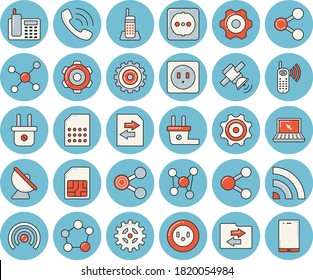 Juego de íconos de color azul delgado - vectores planos de rueda, enchufes, enchufe, antena satelital, tarjeta SIM, moléculas, llamada telefónica, teléfono, laptop, molécula, satélite, compartir, broadcast, móvil