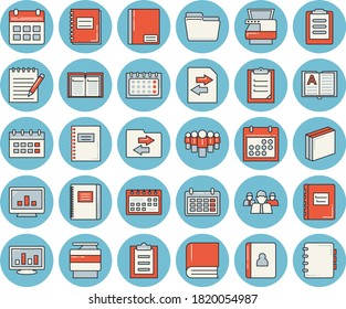 Thin Line Blue Tinted Icon Set - Team Flat Vector, Calendar, Clipboard, Notebook, Computer Chart, File, Sticker, Copy Machine, Book, Notepad, Textbook, Sharing