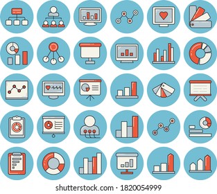 Thin line blue tinted icon set - color scheme flat vector, hierarchy, graphic report, chart, statistics, scatter, flipchart, computer diagnostics of health, statistic, clircle diagram, point