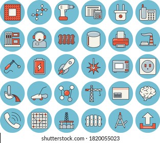 Thin line blue tinted icon set - crane flat vector, drill screwdriver, sockets, calculator, heating batteries, microwave, fence, lawn mower, oil production platform, battery, gas station, factory
