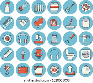 Juego de íconos de color azul claro - grúa vectorial plano, gancho, traviesa, sierra, cinta métrica, bolsa de herramientas, inodoro, susurro, gráter, pulverizador, pala, hebilla, zócalo, producción de tubería, radiador, rueda cognoscitiva, clip