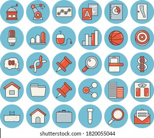 Thin line blue tinted icon set - Entrance door flat vector, skyscraper, coffee grinder, carbon dioxide, robotics, case, magnifier, chart, molecules, dollar, book balance accounting, DNA, drawing pin