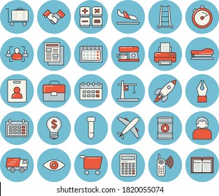 Juego de íconos de color azul delgado - cronómetro vectorial plano, máquina de café, escalera, tanques de aceite, grúa, vagón de comestibles, llamada telefónica, idea, calendario, noticias, truco, calculadora, maletín, reclutamiento, corbata