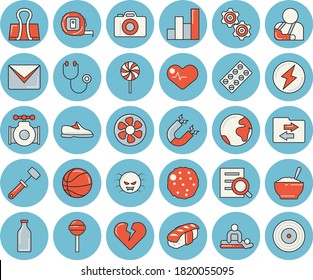 Thin line blue tinted icon set - tape measure flat vector, meat hammer, porridge, cutlet, lollipop, sashimi, ventilation, main pipeline, glass bottles, pill packaging, stethoscope, virus, massage