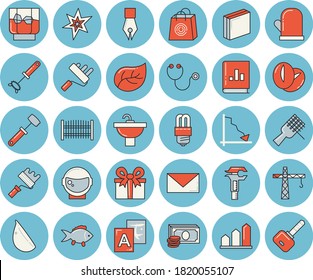 Thin line blue tinted icon set - crane flat vector, paint roller, sink, energy saving lamp, fence, potholder, whisk, meat hammer, fish, spaghetti on a fork, coffee beans, garlic, whiskey, tree leaf