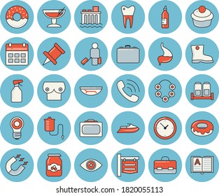 Thin line blue tinted icon set - spice flat vector, cupcake, donut, jam, mustard, pulverizer, gumboots, hydroelectric power station, magnet, signboard, case, phone call, medical warmer, briefcase