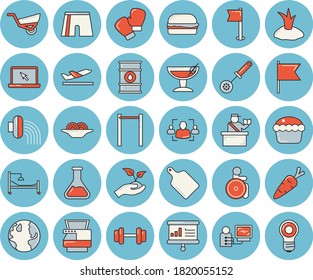 Thin line blue tinted icon set - kitchen spoon flat vector, cutting board, spaghetti, hamburger, cupcake, carrot, seedlings, planting plants, hose irrigation, garden wheelbarrow, chemistry, earth