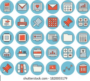 Juego de iconos de color azul claro - calculadora vector plano, motherboard, gráfico de dispersión, diagnóstico de estado por computadora, pin de dibujo, archivo, carpeta, trabajador de oficina, impresora, máquina de copia, laptop, correo