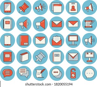 Thin line blue tinted icon set - billboard flat vector, mouthpiece, chat, notebook, sticker, mail, hostory roll, pushpin, indentity card, do not disturb, message, envelope, mobile