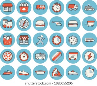 Thin line blue tinted icon set - stopwatch flat vector, hamburger, hot dog, pizza, French fries, store front, trucking, express delivery, ambulance, helicopter, lightning, sneakers, run, train