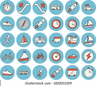 Thin line blue tinted icon set - stopwatch flat vector, rocket, express delivery, sailboat, ambulance, lightning, sneakers, bicycle, run, train, car, bus, escalator, water scooter, windsurfing