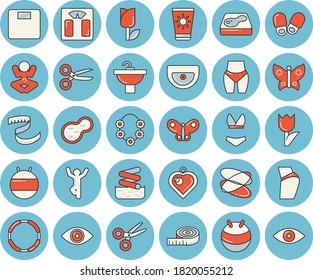 Thin line blue tinted icon set - sink flat vector, tulip, butterflies, pond, pool, weighing machine, centimeter, buttocks, waistline, fitball, swimsuit, yoga, gymnastics, hoop, sun protection cream