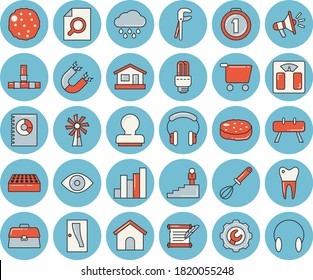 Thin line blue tinted icon set - tool flat vector, pipes, Entrance door, repair, brick, whisk, cutlet, windmill, house, rain, grocery trolley, chart, mouthpiece, book balance accounting, eye, stamp