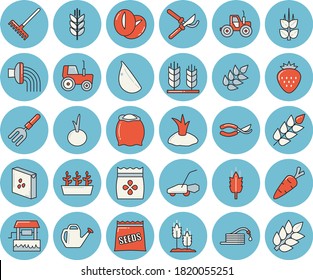 Thin line blue tinted icon set - flour flat vector, groats, ear, coffee beans, garlic, onion, Strawberry, seeds, well, carrot, tractor, pitchfork, hose, secateurs, rake, watering can, irrigation