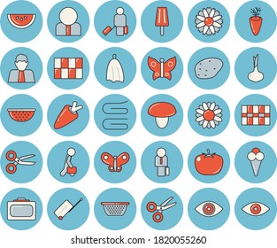 Thin line blue tinted icon set - tile flat vector, colander, towel, mushroom, potato, tomato, onion, carrot, watermelon, ice cream, flower, butterflies, person, businessman, luggage, suitcase, eye