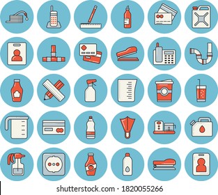 Thin line blue tinted icon set - pipes flat vector, sockets, measure, meashuring cup, food processor, ketchup, soda, coffe, mustard, pulverizer, hose, canister, credit card, telephone, stapler, pass