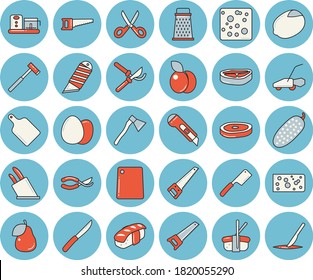 Thin line blue tinted icon set - saw flat vector, stationery knife, ax, knives, scissors, cutting board, food processor, egg, grater, chop, lemon, cheese, cucumber, sashimi, plum, pear, secateurs