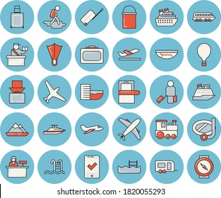 Thin line blue tinted icon set - hiking pot flat vector, pool, aircraft, train, trailer, hike, balloon, luggage, suitcase, baggage claim, passport control, check in, hotel first line, departure, get